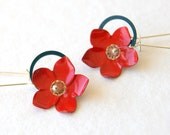 Red Petunia Earrings, vintage red enamel flowers, vintage yellow glass beads,  retaining rings, Industrial Flora, gardener, eco fashion