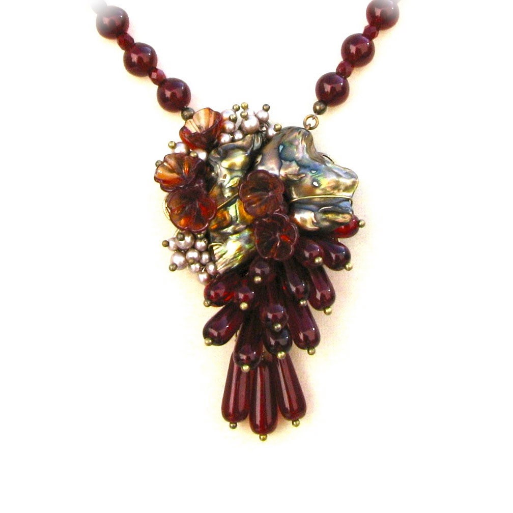 LOVE LIES BLEEDING Couture Statement Necklace by Nouveau Motley Vintage Venetian Glass Flowers Czech Glass Freshwater Pearls