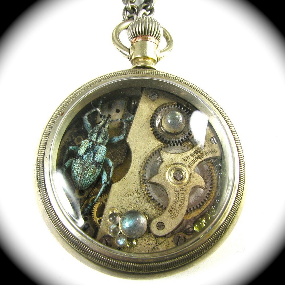 KAFKA CLOCK Steampunk Beetle Necklace with GENUINE Weevil Peridot Labradorite and Victorian Clockwork Pocket Watch by Nouveau Motley