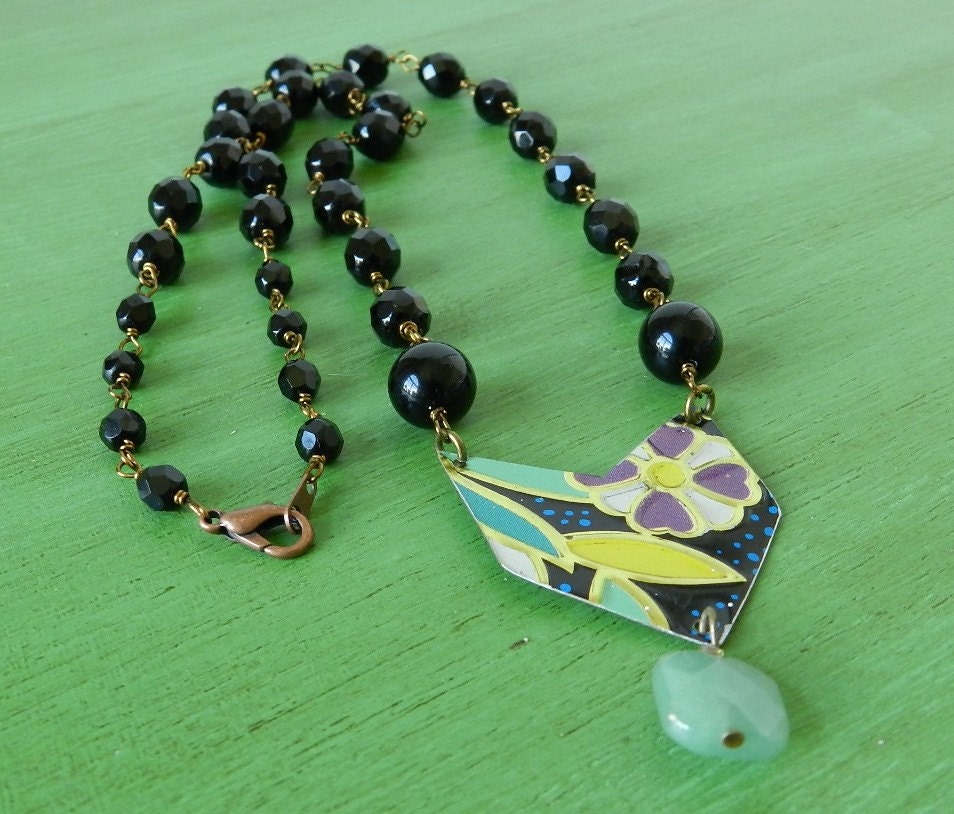 Black beaded vintage tin necklace