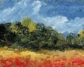 Blue Sky, Red Flowers, Clouds, Trees,Landscape, Original Painting, ACEO, Winjimir, Fine Art, Spring, Field,