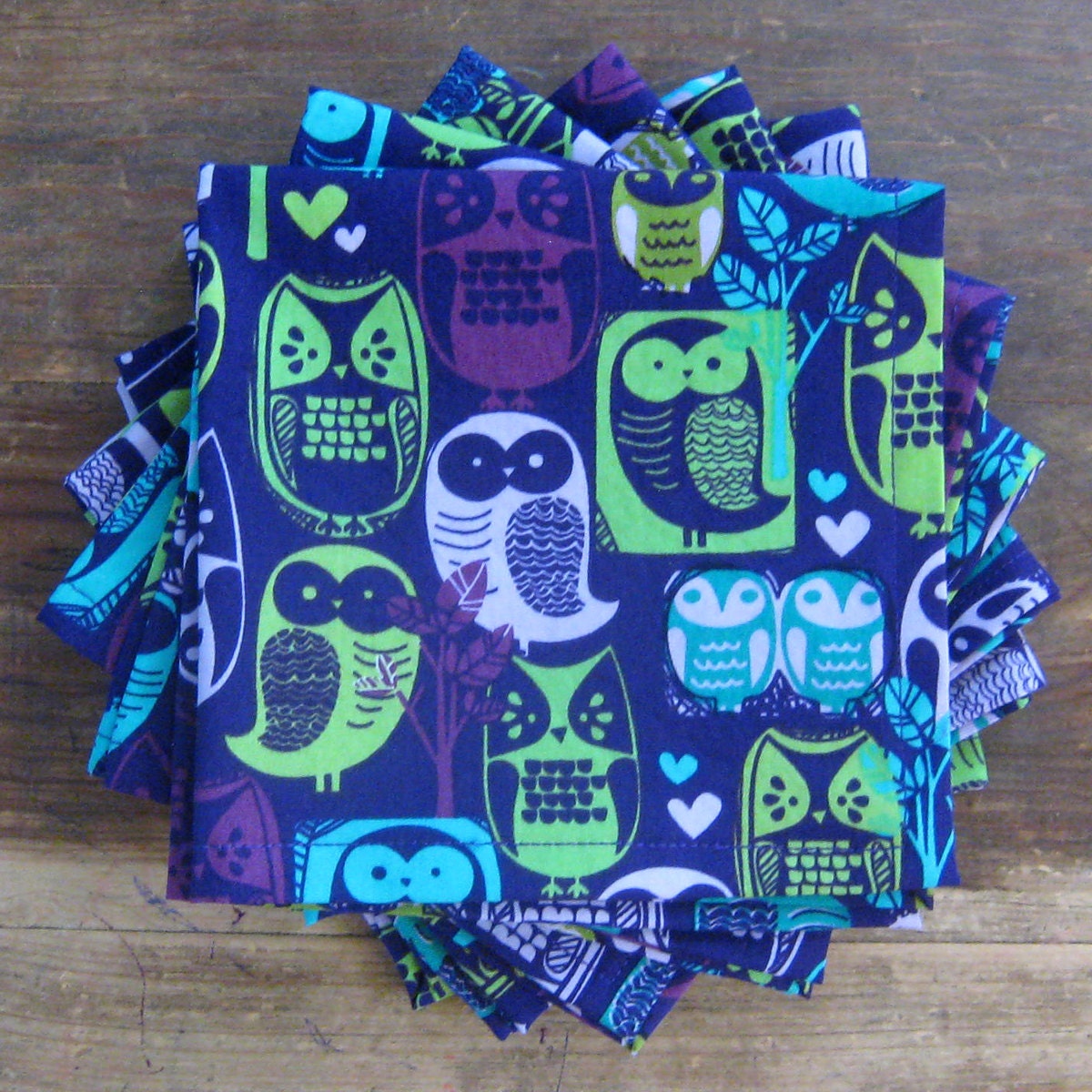 Small Cloth Napkins Set of 6 Purple Turquoise Green Pink Owls