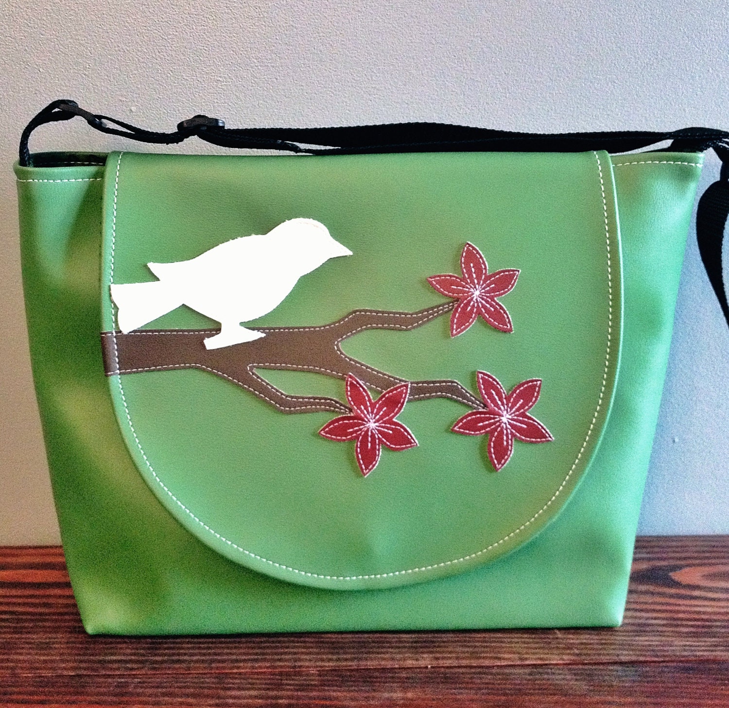 Cherry Blossoms and Bird Green Vinyl Purse