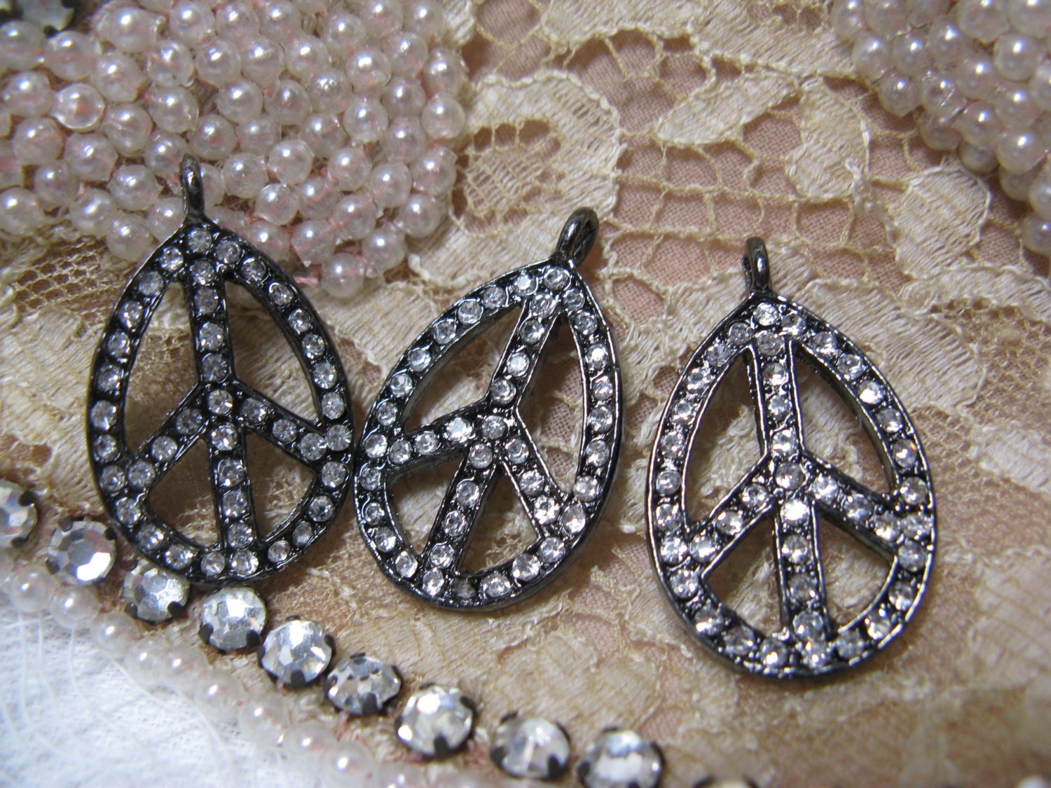 Peace sign rhinestone charms shiney gun metal tear shape