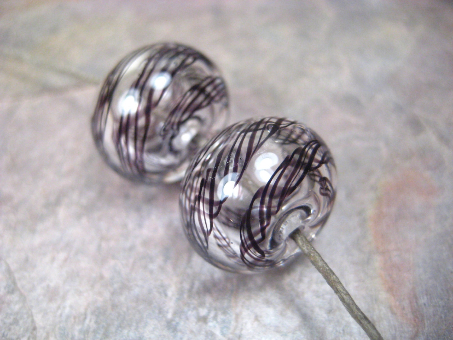 latticino pair uno (2) hollow lampwork glass beads