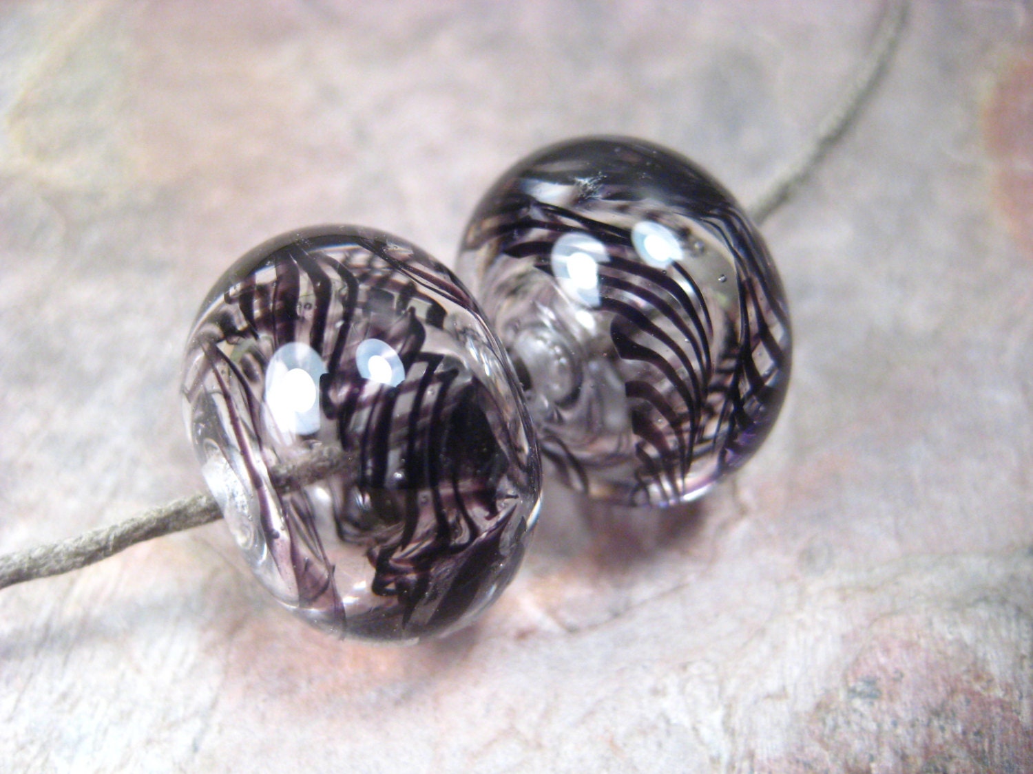 latticino pair dos (2) hollow lampwork glass beads