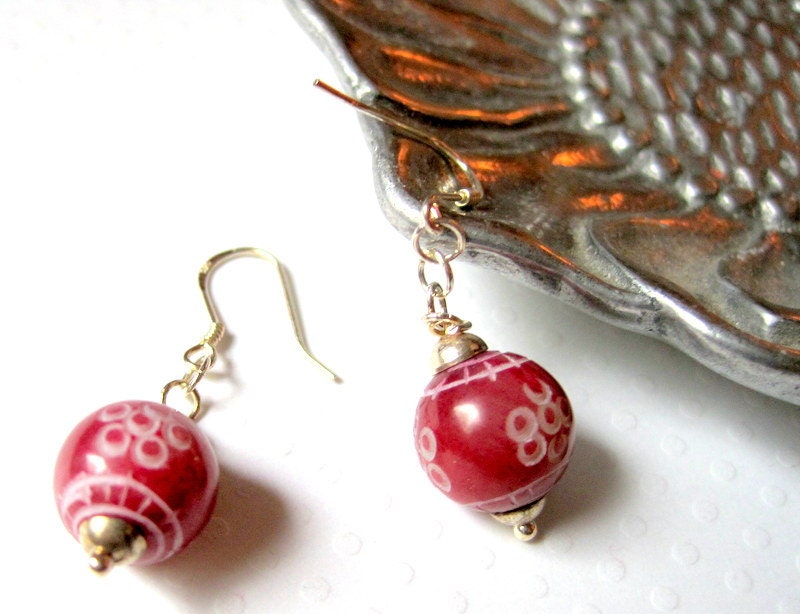 Raspberry Jade Dangle Earrings, Carved Beaded Stone, Semi Precious, Sterling Silver, Asian