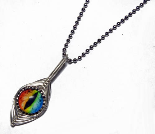 Glass Eye Pendant - Handmade Wire Wrap Rainbow Taxidermy Glass Evil Dragon Eyeball