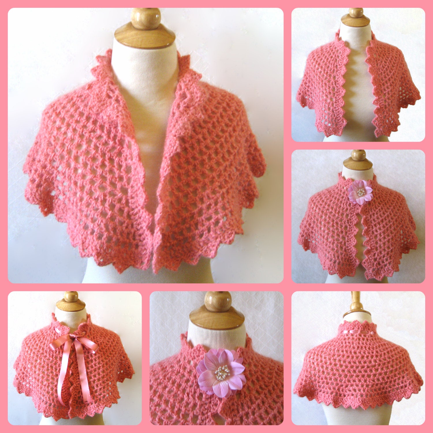 Pink Crochet Lace Capelet Luxury Angora Wedding Mother's Day Gift