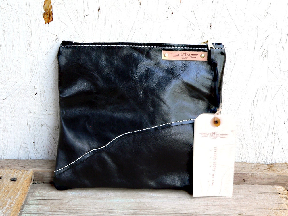 Hand Made leather clutch / fold over clutch black leather for her