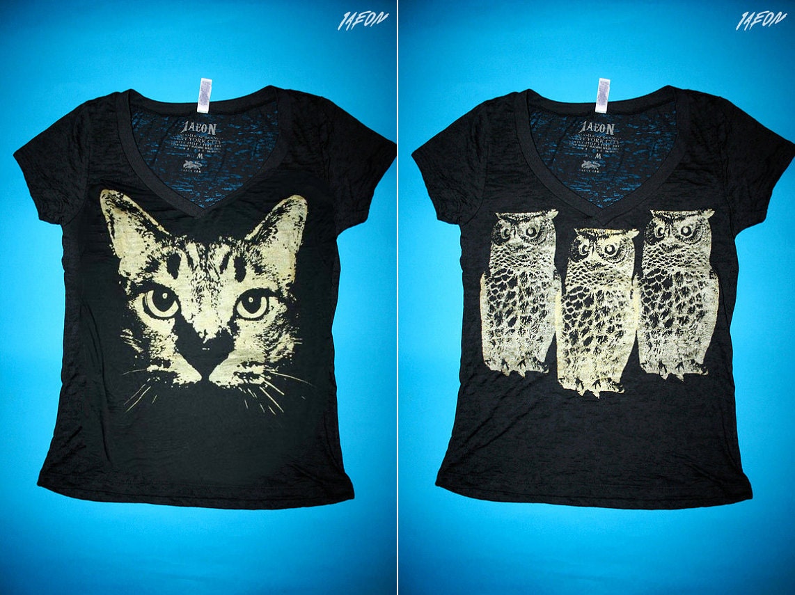 cat, plus, owl, gold, black vneck tee, burnout tshirt, 1aeon deal, plus size, combo, Owls and Cat on deep v burnout tops - 2XL