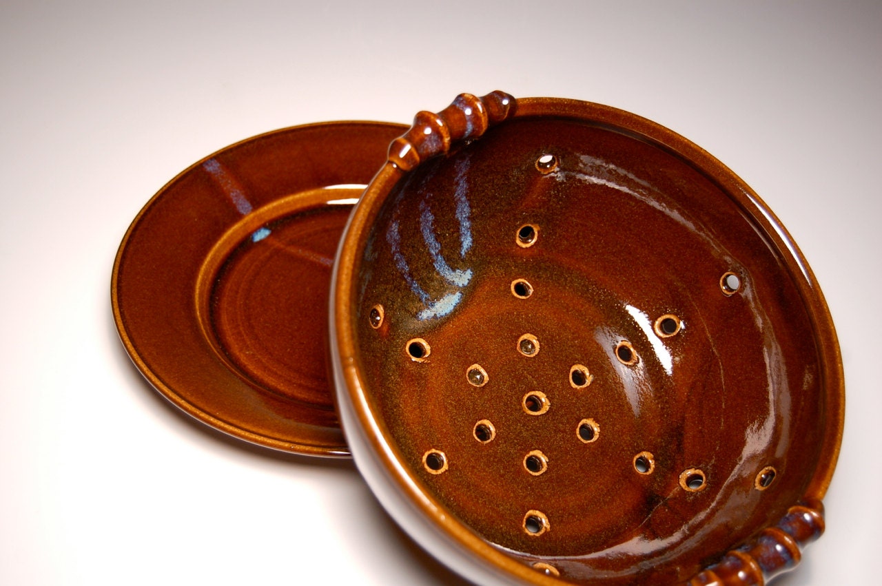 Large Berry Bowl and Saucer- Brown and Teal Pottery