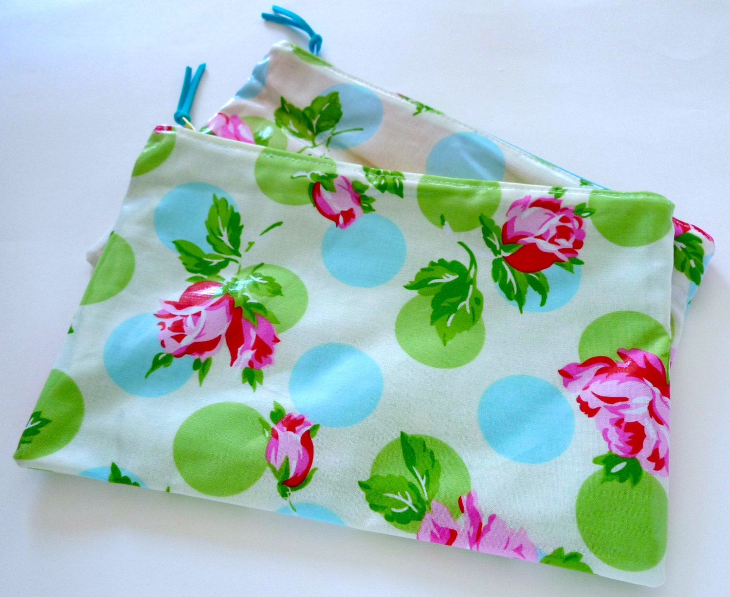 NEW SPRING 2013- Laminated Cotton Waterproof Zipper Clutch Pouch- Sugar Hill Roses and Polka Dots