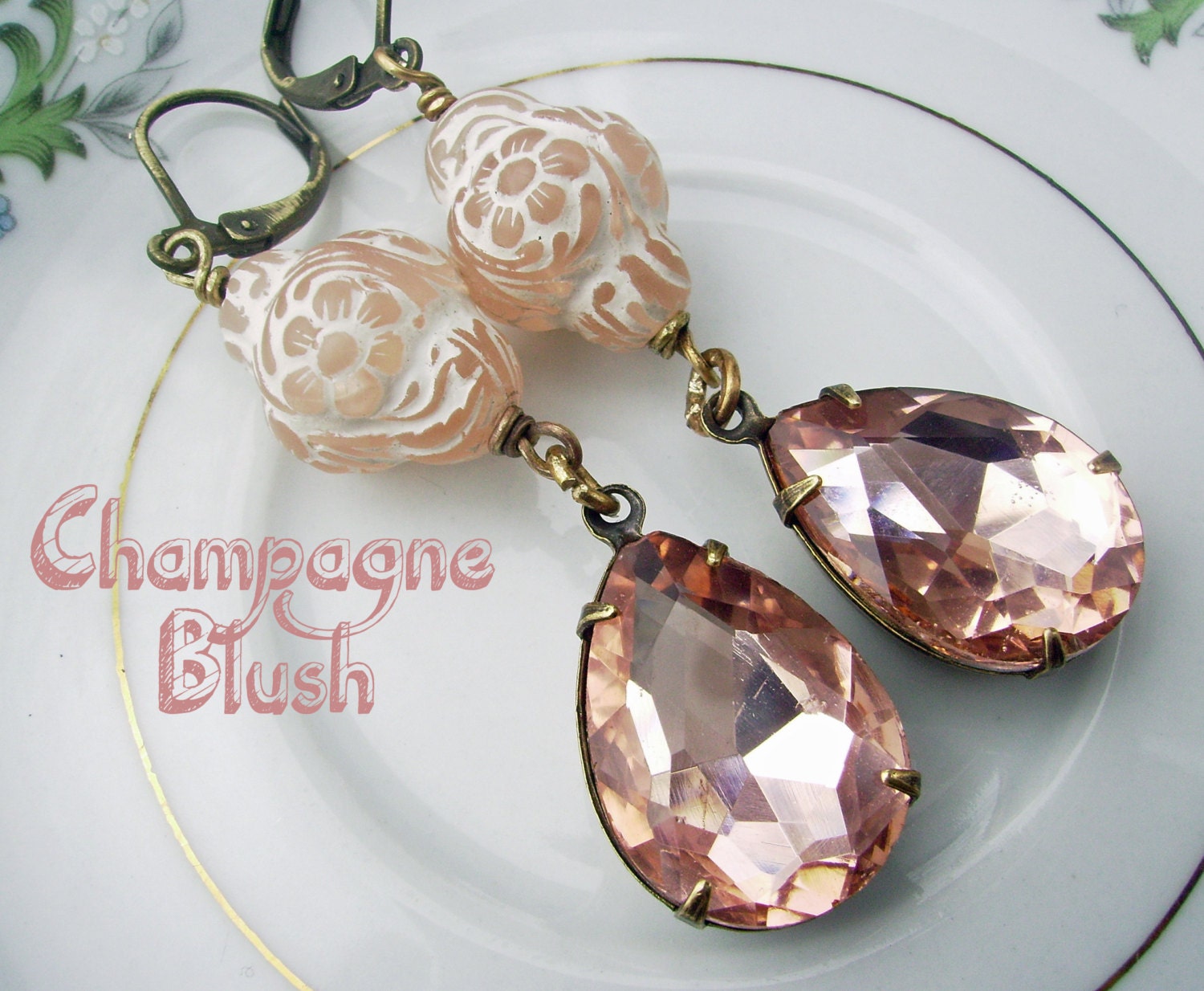 Peach Blush Pear teardrop and ornate carved earrings, estate style earrings, bridal wedding jewelry, old hollywood - Champagne Blush