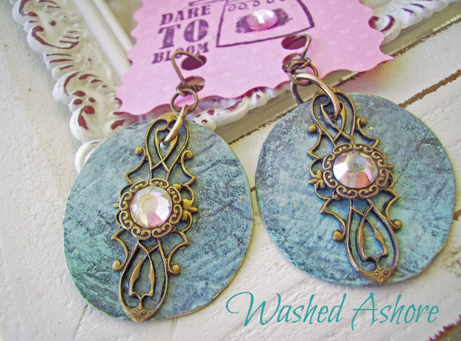 Bohemian Earrings, Boho Patina jewelry, Filigree Gypsy Earrings, Rhinestones,Turquoise Verdigris, Shabby Chic Jewelry, Rustic, Washed Ashore