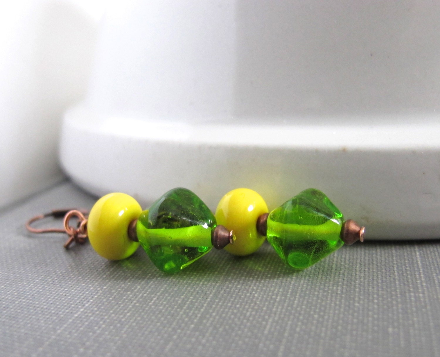 Glass Earrings, Lemon Lime Glass, Copper Earrings, Bicone Glass, Lime Green, Lemon Yellow, Copper Jewelry, Glass Jewelry