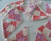 Bunting Banner Garland in Red, Lavender, White Vintage Quilt and Rick Rack Fabric