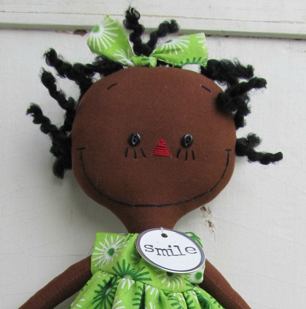 cloth rag doll African American handmade Olivia in Green