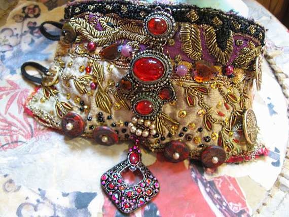 SALE - Persian Bracelet, Antique Metal Embroidery, Bejewelled, Baroque, Purple, Red, Beaded, Bohemian Gypsy