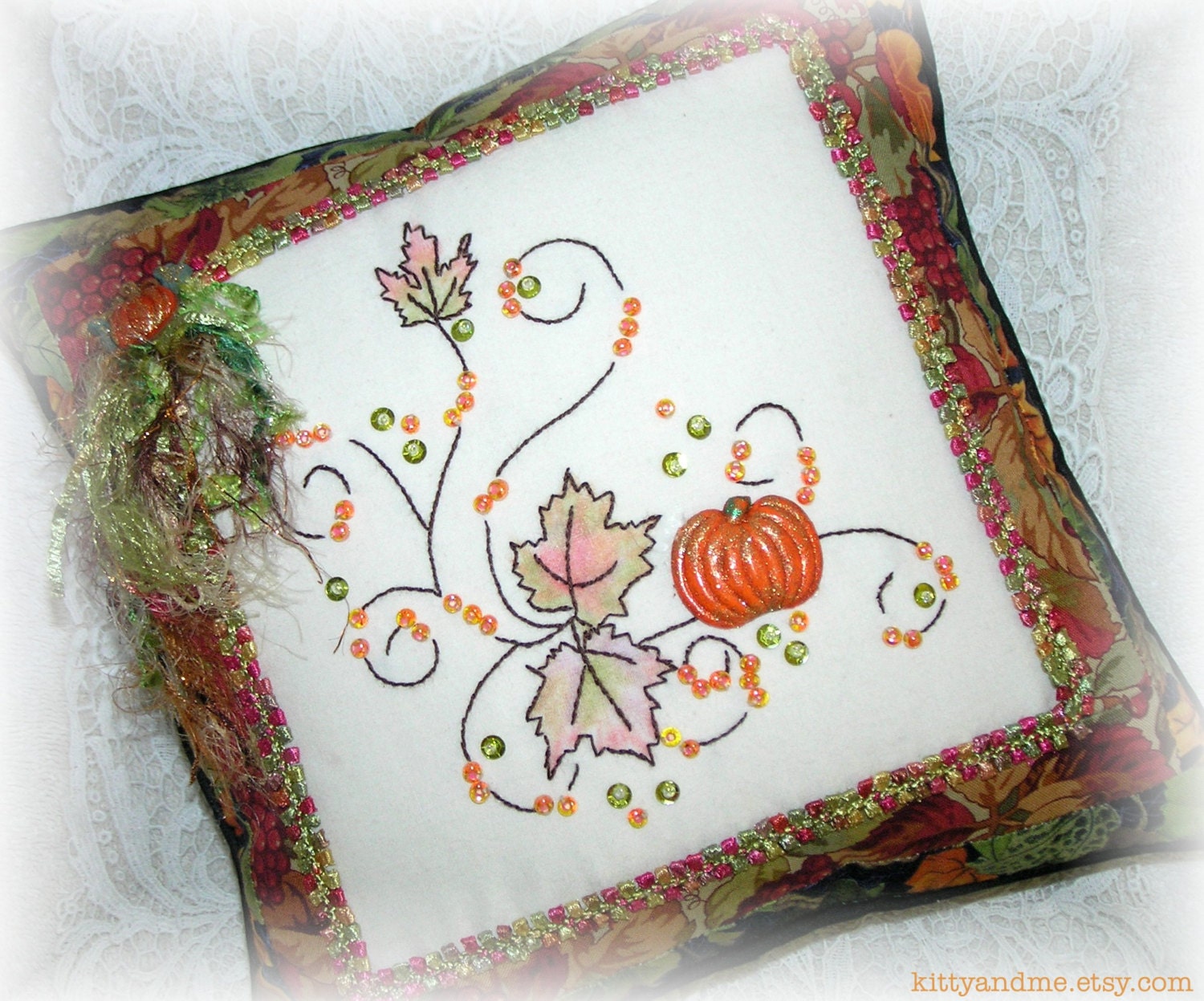 Autumn Leaves Pumpkin Pillow Hand Embroidered Fall Home Decor