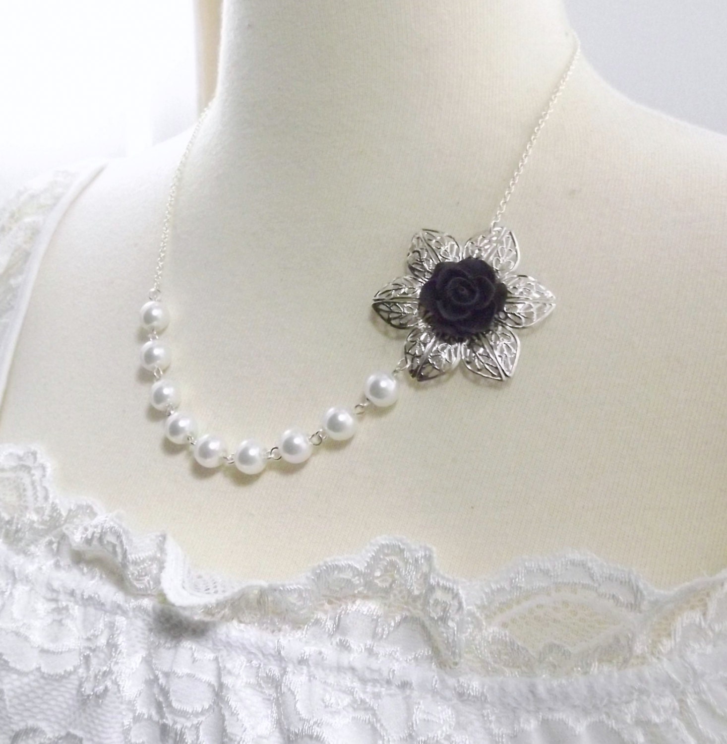 Black Flower White Pearl and Silver Bridesmaids Wedding Necklace