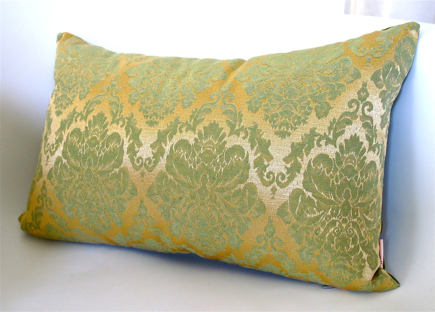 Soft Olive Green and Gold Kravet Woven Damask Decorative Rectangle Pillow