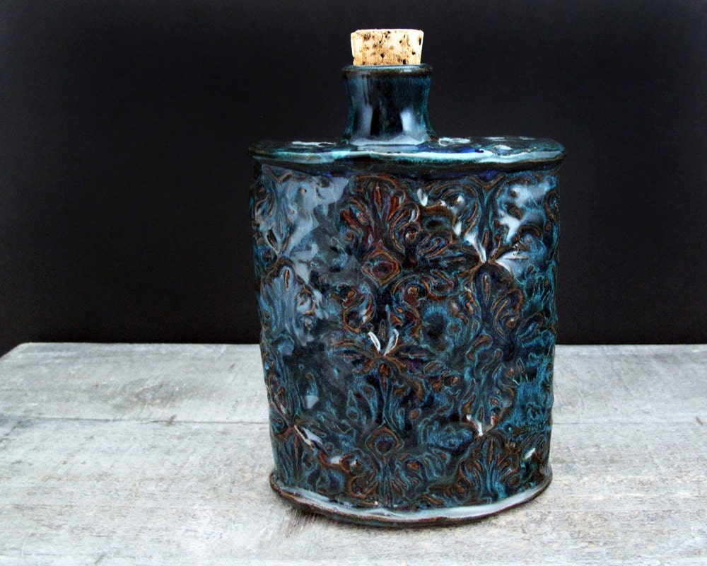 Handmade Ceramic Pocket Flask in Deep Lagoon - Pottery - Hand Built Stoneware - Dark Teal Damask Pattern