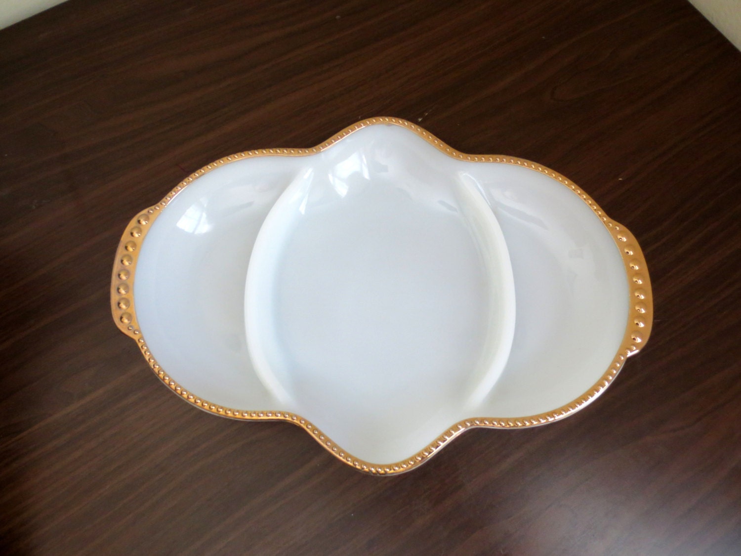 REDUCED 1950s 22K Gold Trimmed Fire King Milk Glass Relish Dish Swirl Pattern