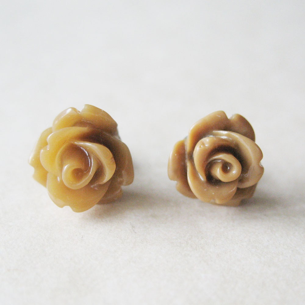 Toffee Flower Earrings - Rose Stud Earrings - Brown Tan