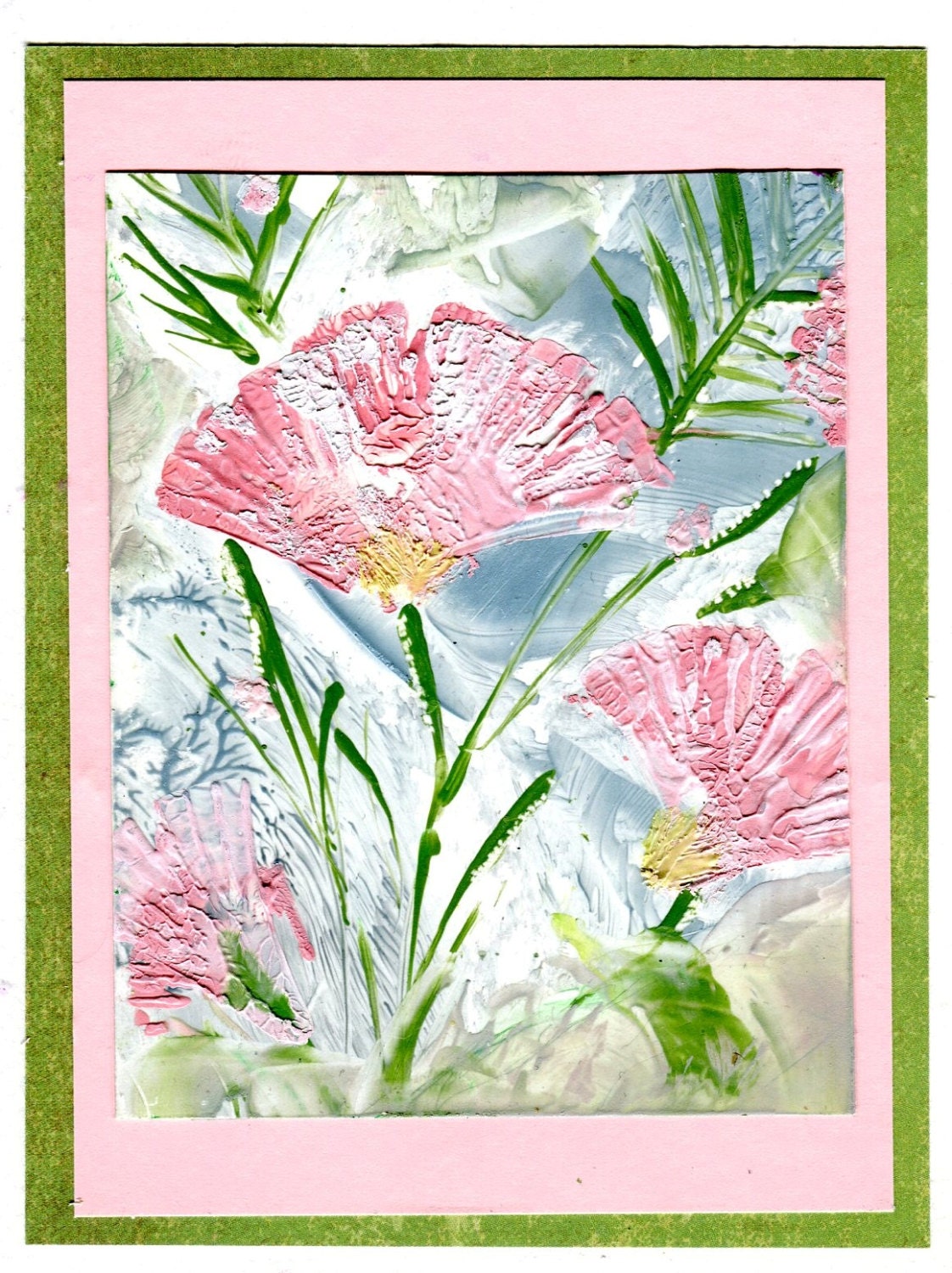 Encaustic art painting on a greeting card can be framed Pink Flowers