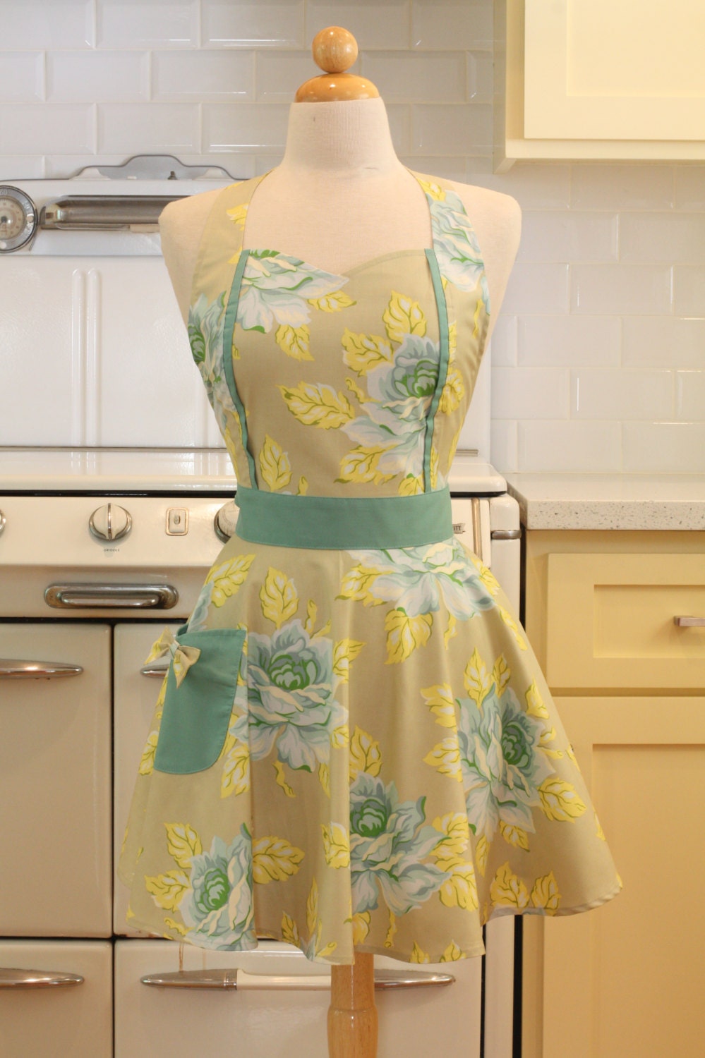 Retro Apron Turquoise Flowers MAGGIE Full Apron