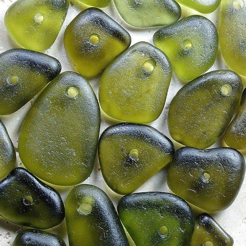 20 Pre-Drilled Sea Glass Beads And Pendants - Olive Green