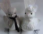 Wedding  cake topper - Wedding Love irds cake topper  -  Fabric Birds Cake topper -  Natural and  ivory linen lace fabric - CUSTOM ORDER