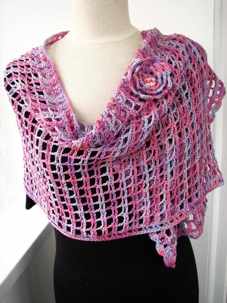 Crochet shawl, cotton lace wrap, crocheted scarf, shoulder wrap, pink blue lilac, spring fashion
