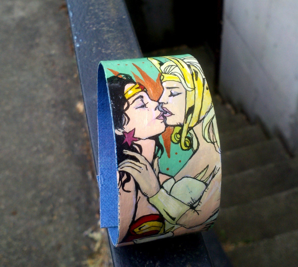 She-Ra Loves Wonder Woman - hand painted canvas comic book jewel snap cuff