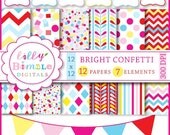 Bright Confetti digital scrapbook papers with chevron, polka dots, Instant Download labels, bunting banners Il_170x135