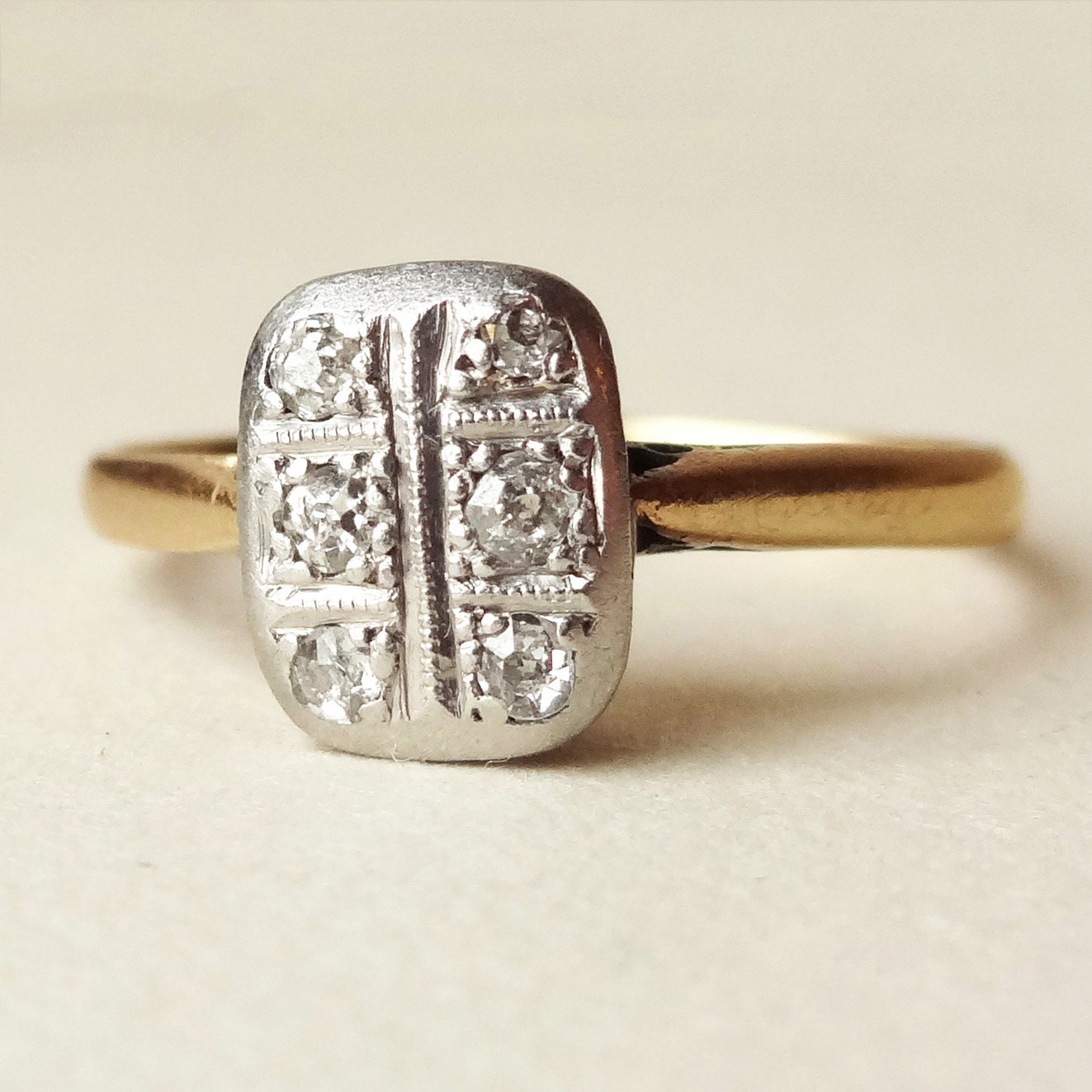 Art Deco Geometric Six Diamond Ring, Antique Engagement Ring, Diamond Platinum and 18k Gold Wedding Ring Approximate Size US 6.75 / 7