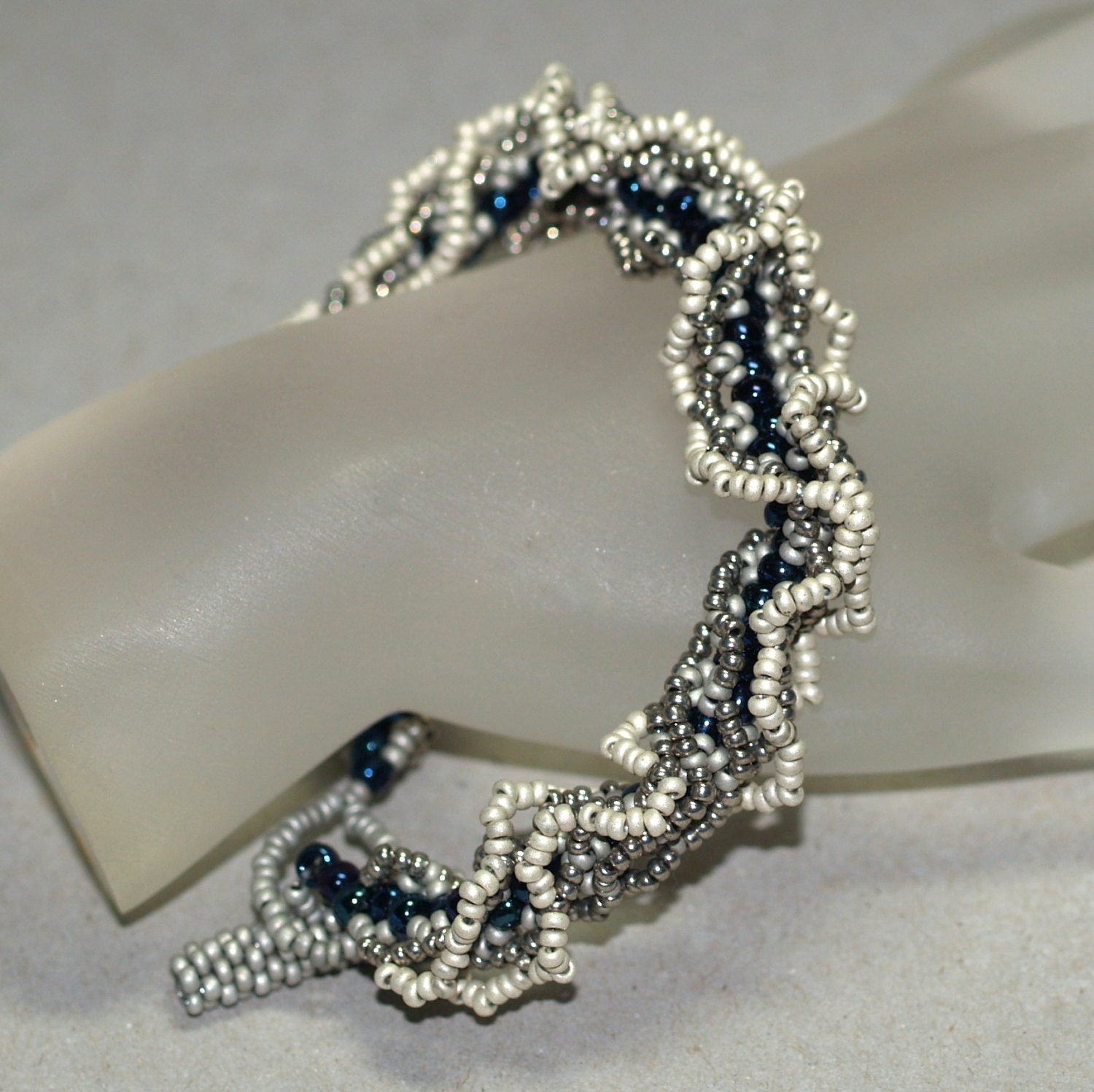 Akemi ... Bracelet . Ruffled . Handmade . Netting . Feminine . Silver . Pewter . Midnight . Oglala . Frilly . Metallic . Rich . Elegant