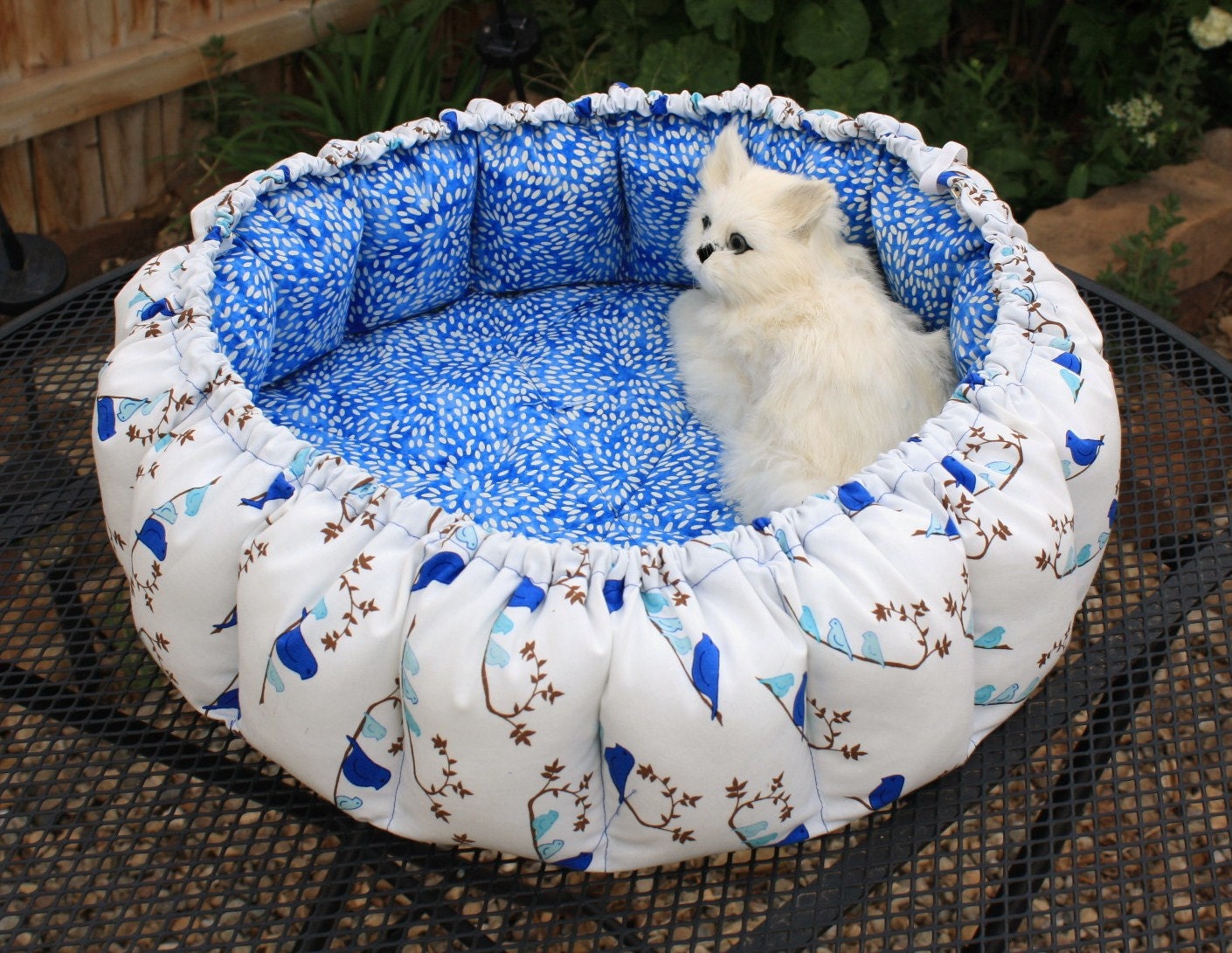 Handmade Fabric Cat Bed With Blue Birds