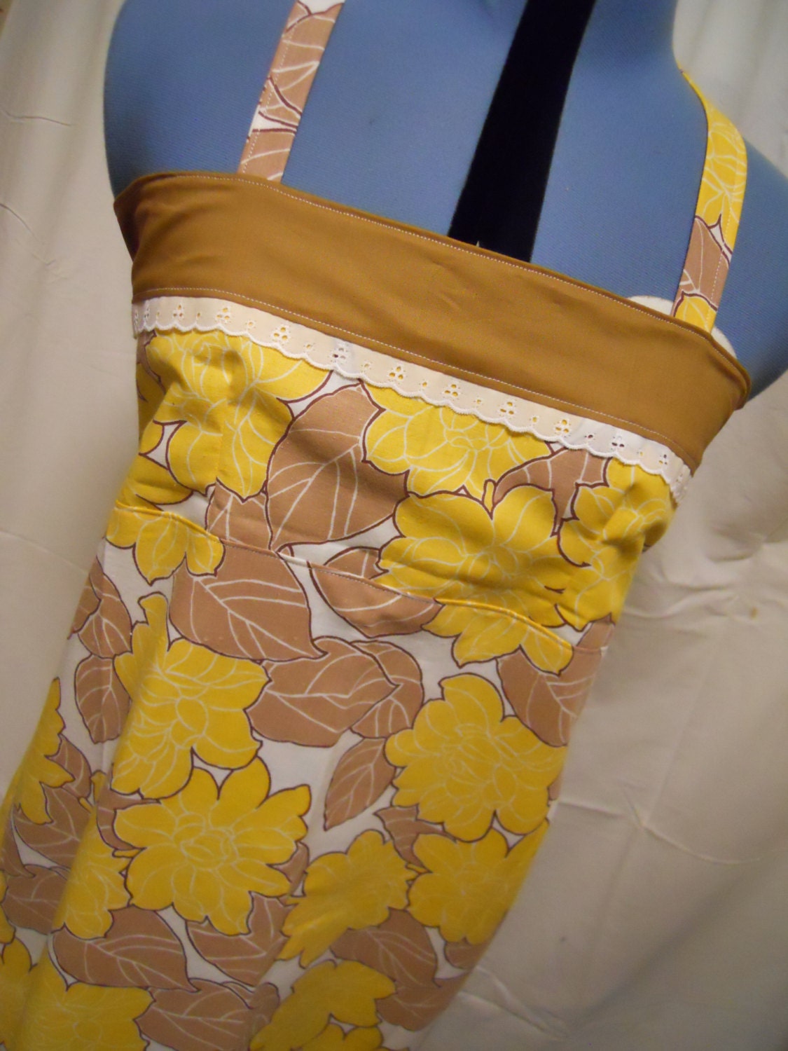 Vintage Gold N' Brown Flowers  Hippie Patchwork Festival Dress up 2 plus size