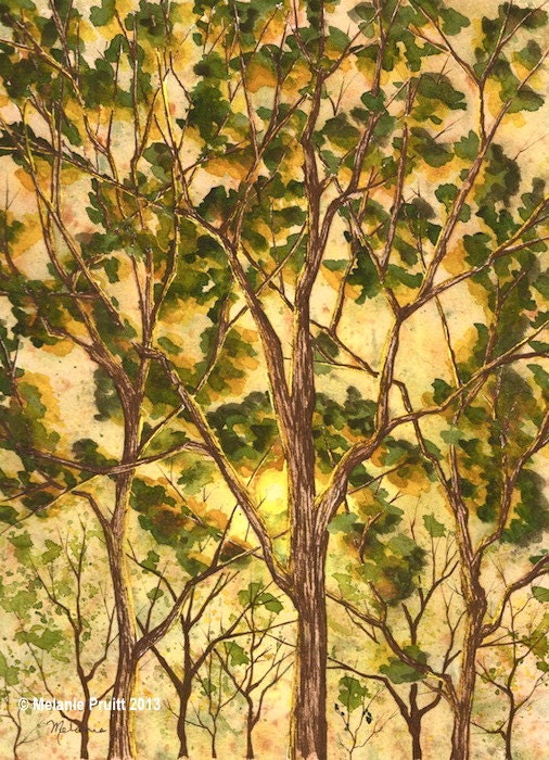 Golden Forest Sunset ORGINAL woods trees sun sunshine 8x10 watercolor painting by M. Pruitt EBSQ