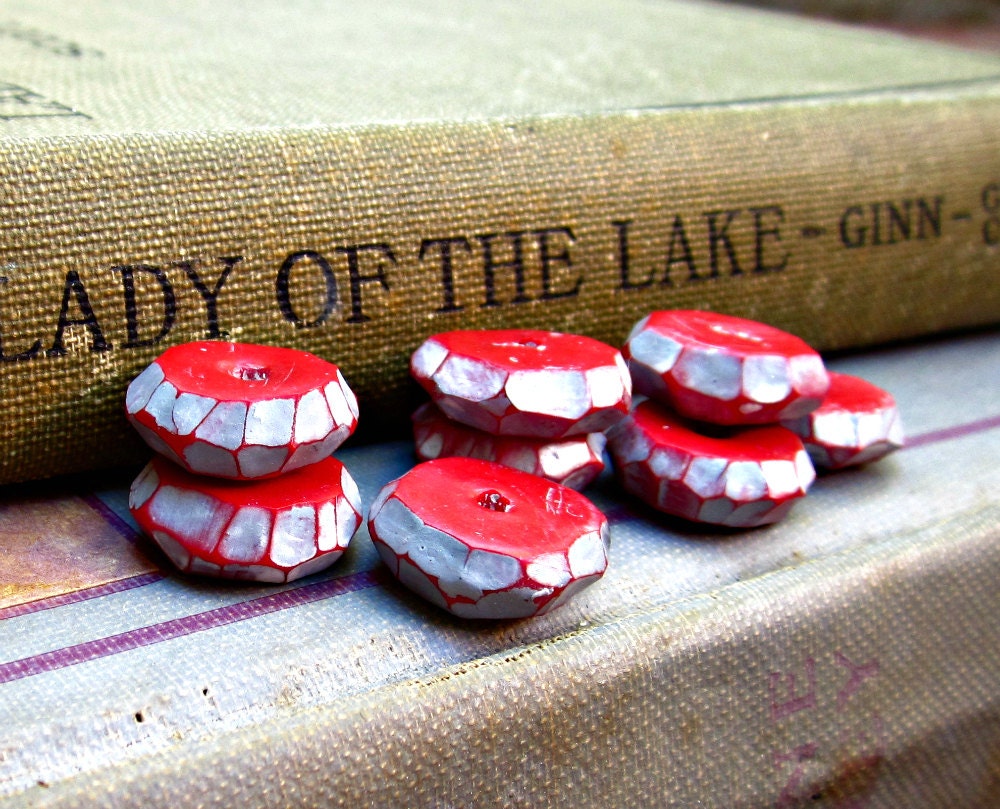 Faceted Cherry Red Polymer Clay Beads Handmade