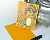 Thinking of you card blank note stamped paisley gold green handmade life love friendship embellished stationery greeting home