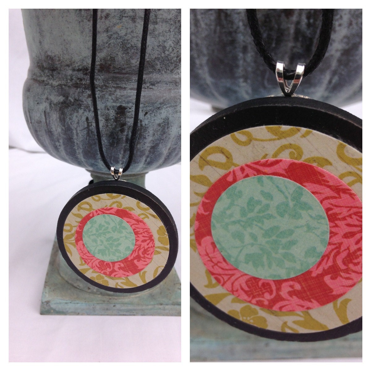 Graphic Necklace Pendant-Wooden Disc Pendant-Victorian Tapestry