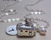 Personalized Camping Trailer Charm Necklace - Personalized Hand Stamped Jewelry - Birthstone and Initial Disc - Travel Jewelry