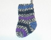 Mini Stocking Ornament in Navy Blue and Purple Hand Knit