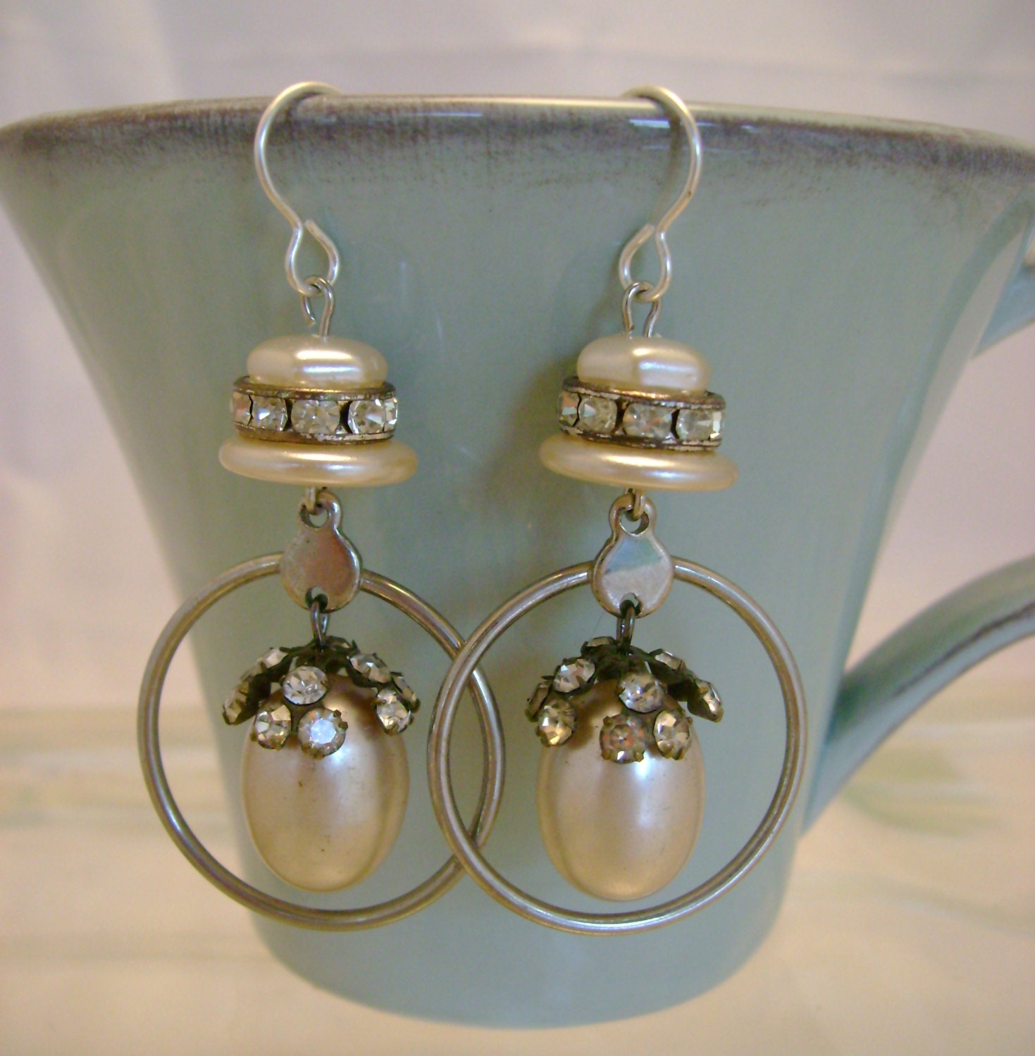 Pearls of Wisdom - Vintage Pearls Rhinestones and Hoops Recycled Repurposed Wedding Earrings