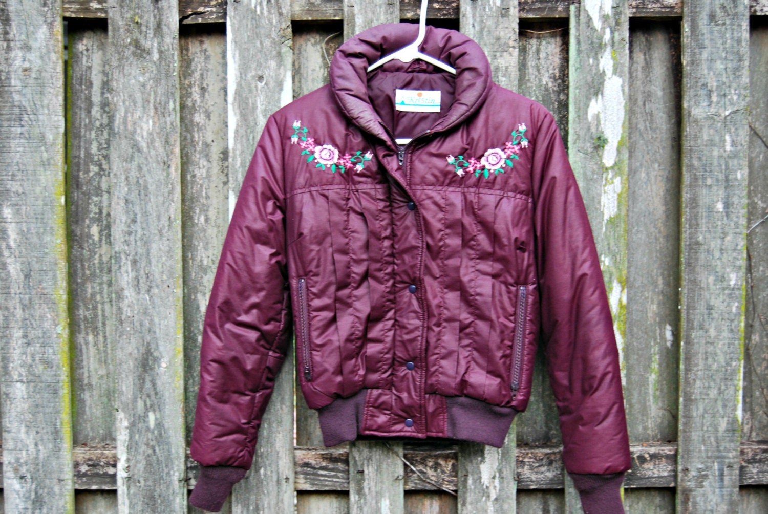 Women's Vintage Windbreaker Jacket Purple with Embroidered Flowers Size S
