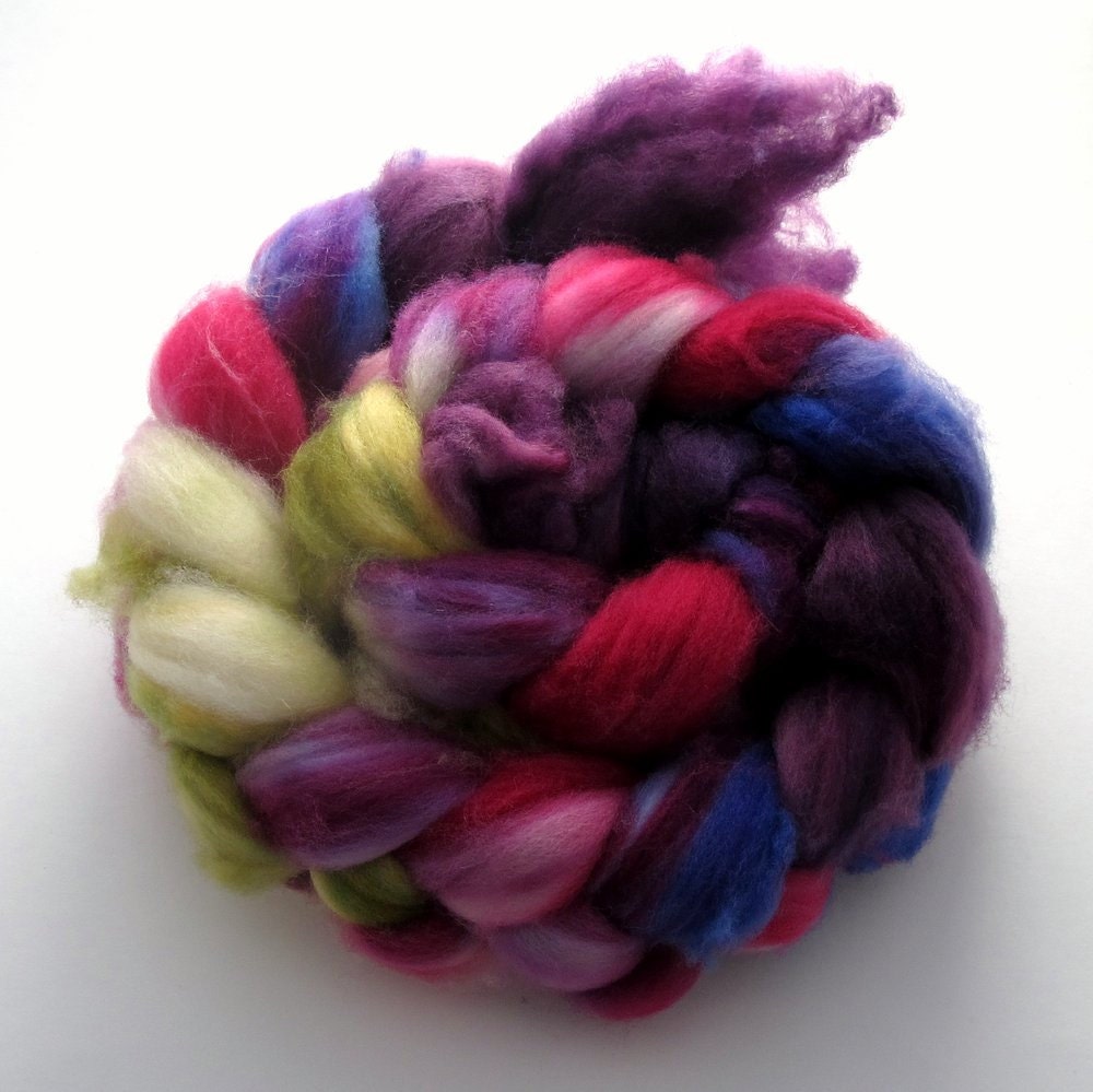 hand-painted superwash merino top from three fates yarns
