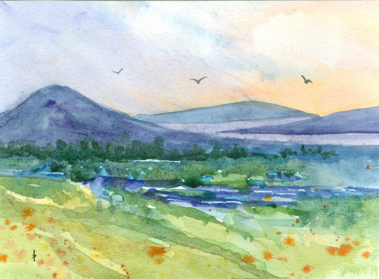 painting original  watercolor RIVER GORGE